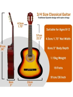 3rd Avenue 3/4 Size Classical Guitar Pack – Sunburst With Free Online Music Lessons* 3Rd Avenue