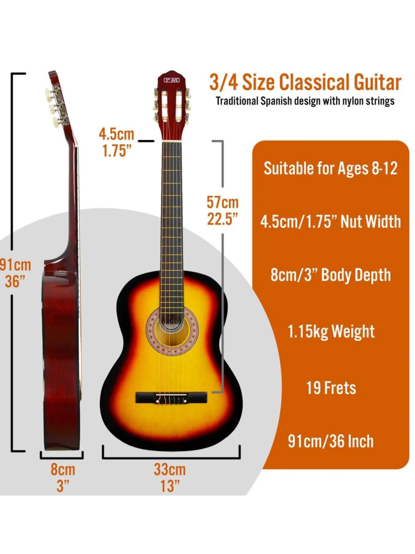 3rd Avenue 3/4 Size Classical Guitar Pack – Sunburst With Free Online Music Lessons* 3Rd Avenue