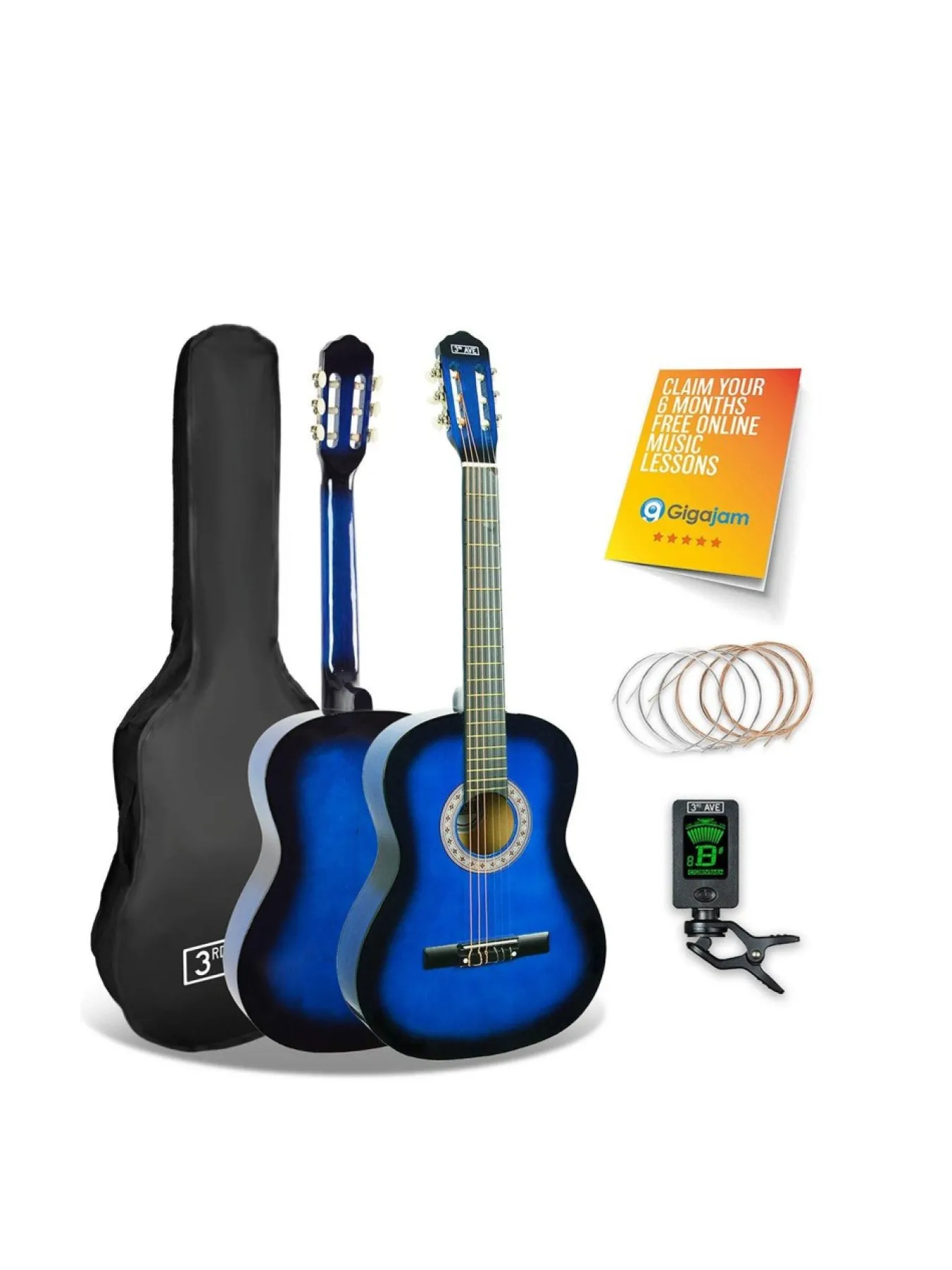 3rd Avenue 3/4 Size Classical Guitar Pack – Blueburst With Free Online Music Lessons* 3Rd Avenue