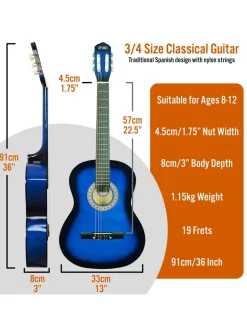 3rd Avenue 3/4 Size Classical Guitar Pack – Blueburst With Free Online Music Lessons* 3Rd Avenue
