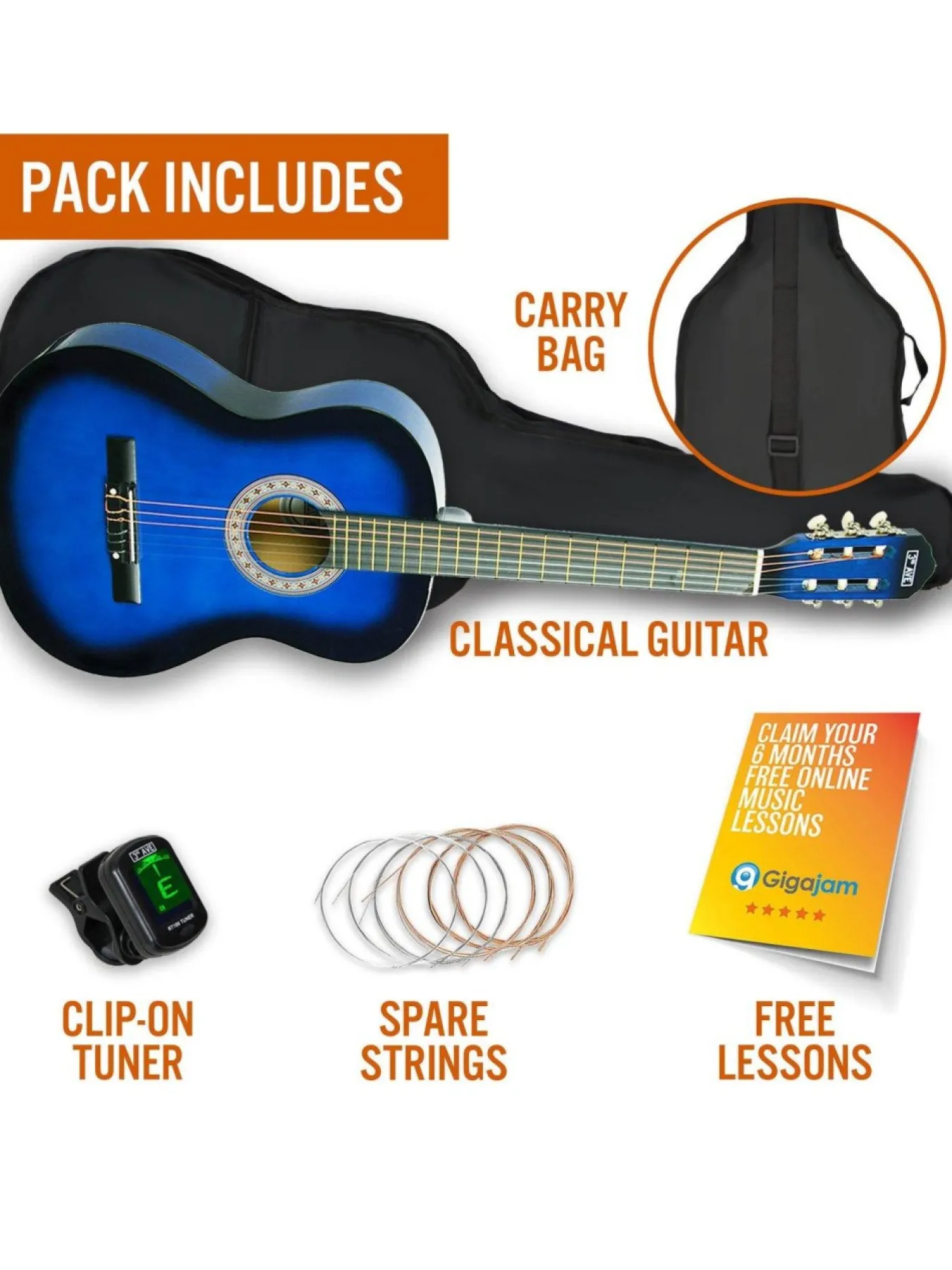3rd Avenue 3/4 Size Classical Guitar Pack – Blueburst With Free Online Music Lessons* 3Rd Avenue