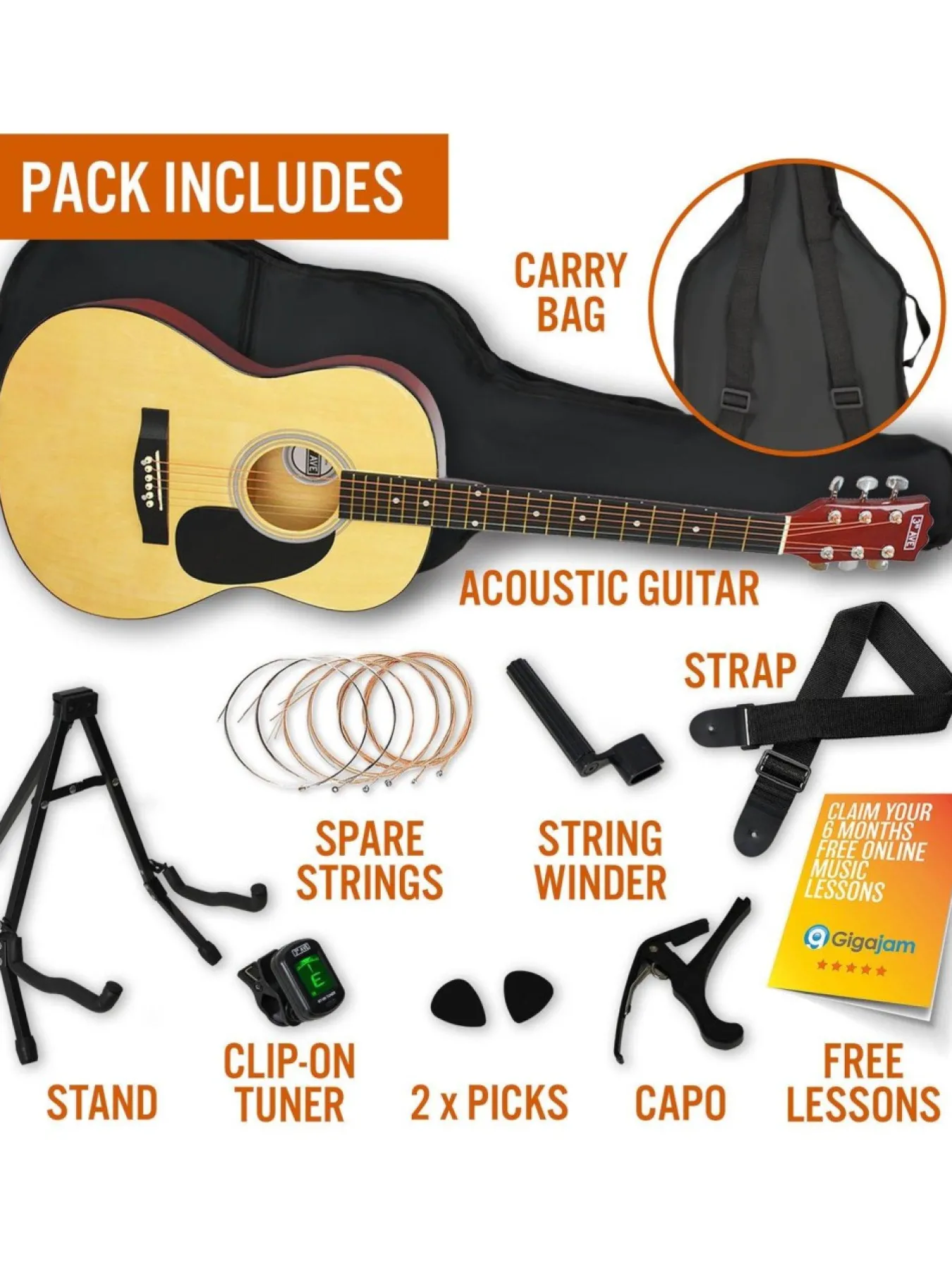 3rd Avenue Acoustic Guitar Premium Pack – Natural* 3Rd Avenue