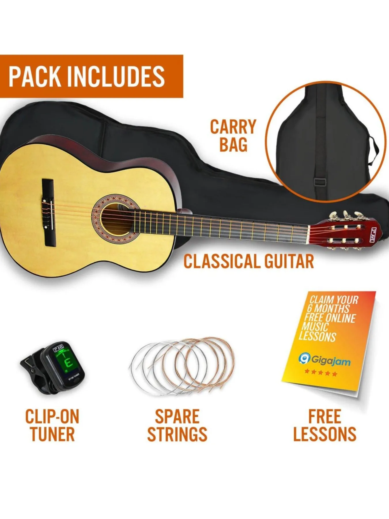 3rd Avenue Full Size Classical Guitar Pack – Natural With Free Online Music Lessons* 3Rd Avenue